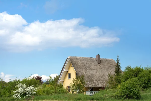 Domek kryty strzechą w malowniczej, zielonej okolicy przeciw błękitne niebo, ty — Zdjęcie stockowe