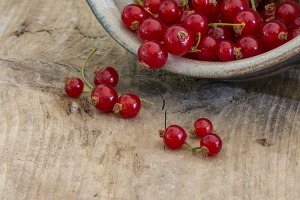 Red currants falling out of a ceramic bowl on rustic wood — Zdjęcie stockowe