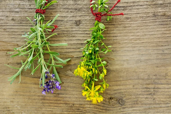 Johanniskraut und Lavendel hängen zum Trocknen vor rustikalen — Stockfoto
