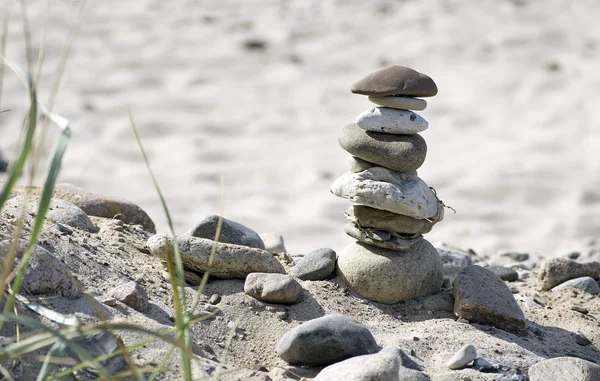 Kő-torony és a növények természetes homokos strandon — Stock Fotó