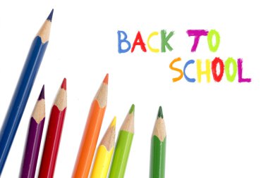 colored pencils isolated on white and text back to school clipart