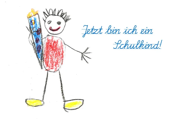 Starting school with child's drawing and german text Jetzt bin i — Stock Photo, Image