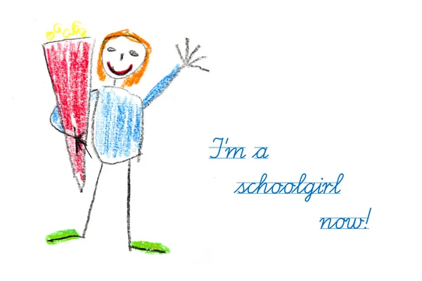 Starting school with child's drawing and text I'm a schoolgirl n — Stock Photo, Image