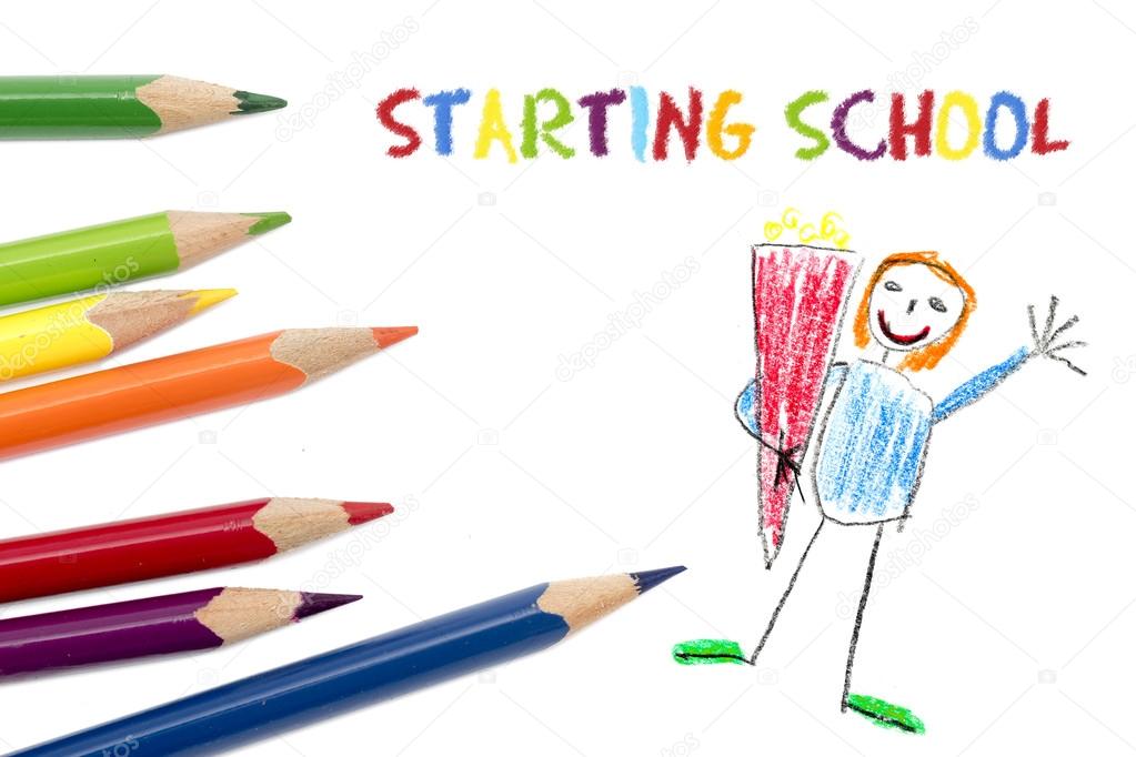 colored pencils isolated on white, child's drawing and text  sta