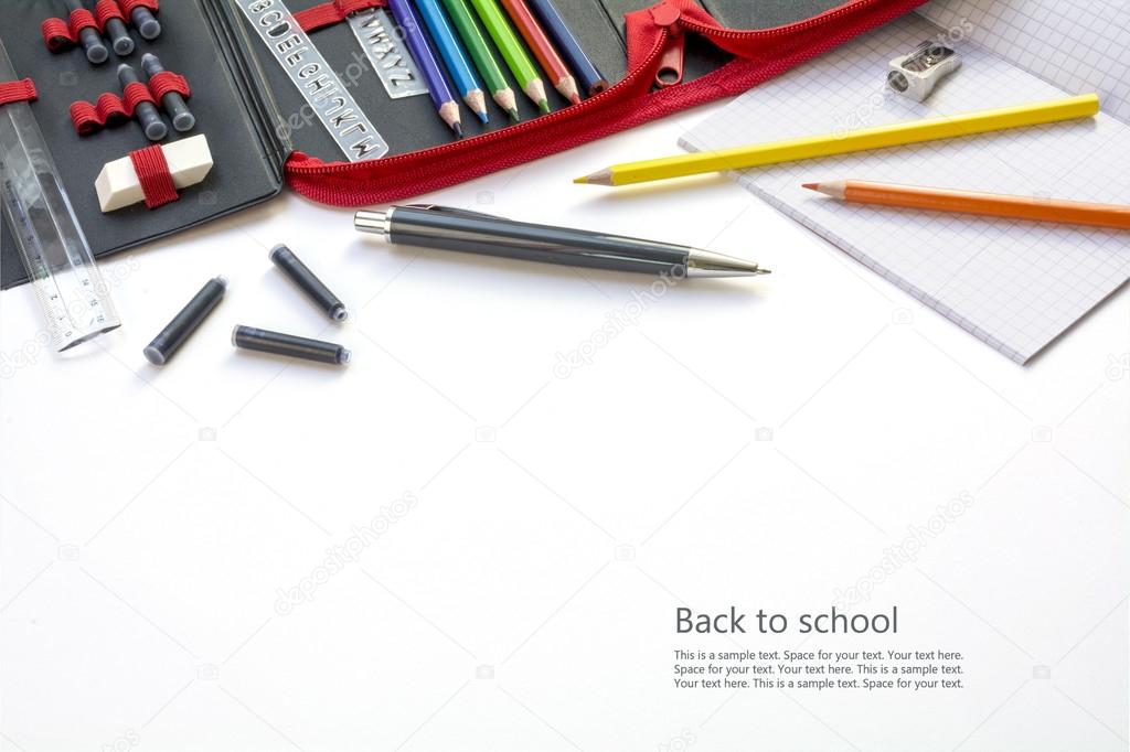 supplies for school and office, isolated on white, edge backgrou
