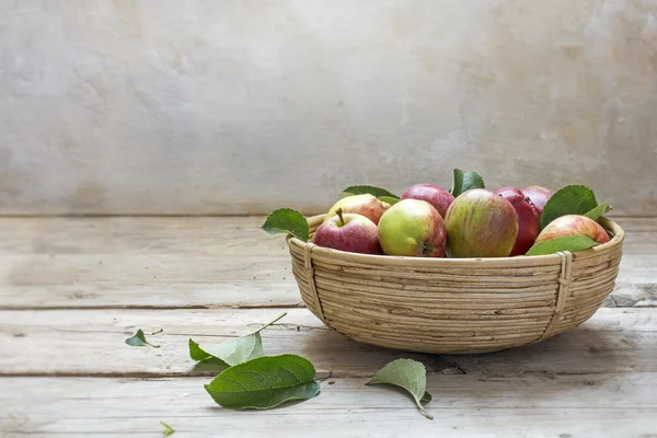 Pommes bio dans un petit panier sur une table rustique en bois — Photo