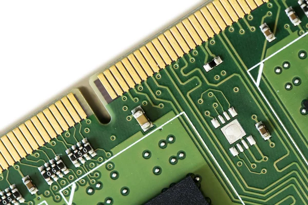 Part of a computer ram memory barrette over white, macro shot — Stock Photo, Image