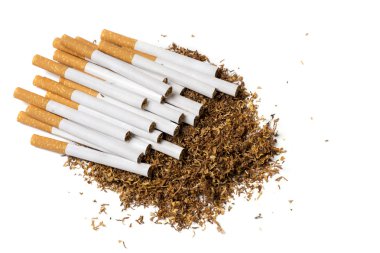  cigarettes on a heap of loose tobacco, view from above, isolate clipart