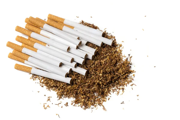 Cigarettes on a heap of loose tobacco, view from above, isolate — Stock Photo, Image