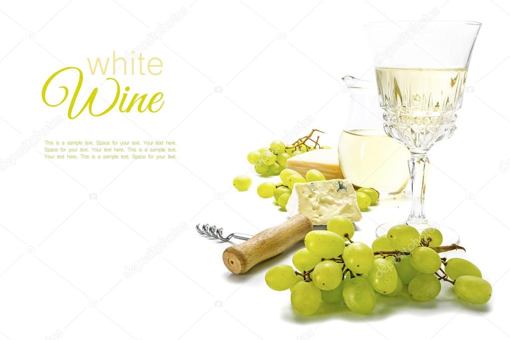 White wine, green grapes and cheese isolated on a white backgrou Stock