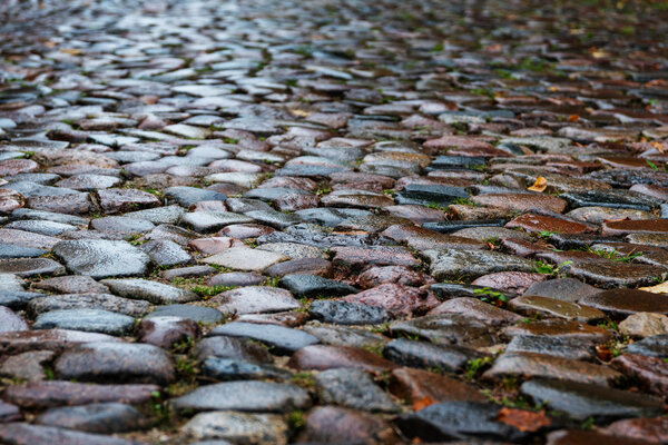Мокрые булыжники на средневековой улице, текстура фона
