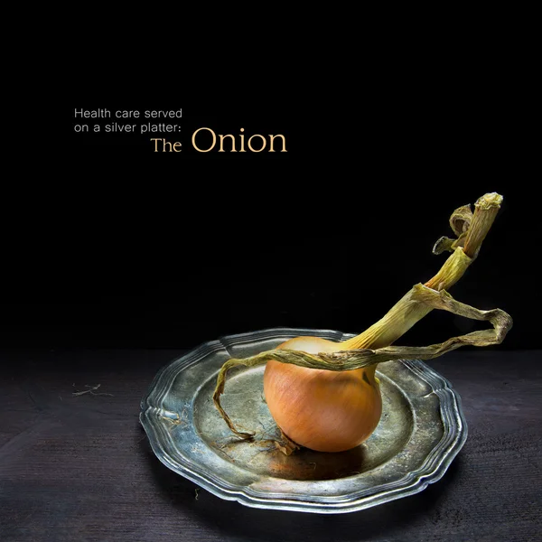 Organic onion, served on a silver platter against a dark wood — Stock Photo, Image