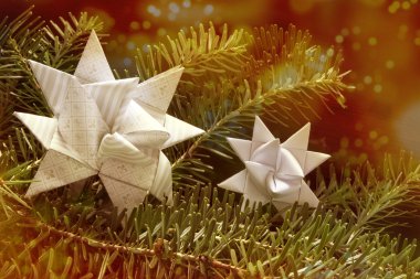 Noel ışıkları bokeh b bir köknar dalında iki kağıt yıldız