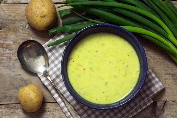 Purjolök grädde soppa med vårlök och potatis på rustika trä — Stockfoto