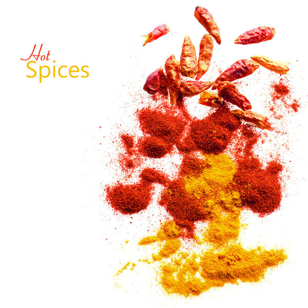 Hot spices, chili peppers and powder from paprika and curry