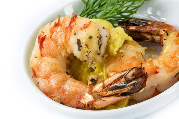 Roasted black tiger shrimps with garlic cream and dill garnish, — Stock Photo, Image