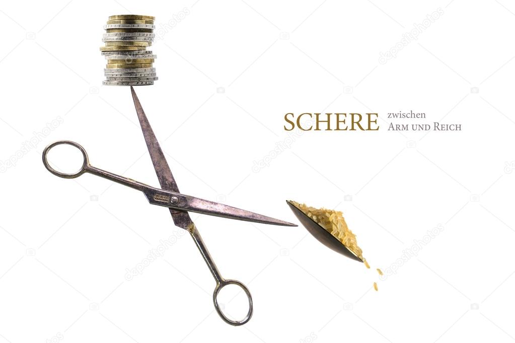 balancing scissors with coins and food on the tips, german text 
