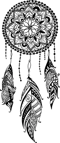 Hand-drawn mandala dreamcatcher with feathers. Ethnic illustration, tribal, American Indians traditional symbol. Stock Vector