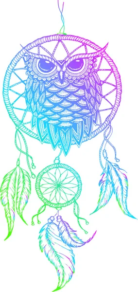 Dream-catcher handdrawn outline vector illustration with owl Stock Vector