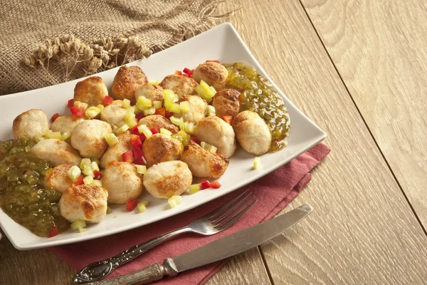 Chicken Meatball On wooden table with relish, mustard and mayonnaise — Stock Photo, Image