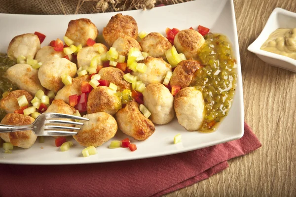 Chicken Meatball On wooden table with relish, mustard and mayonnaise — Stockfoto