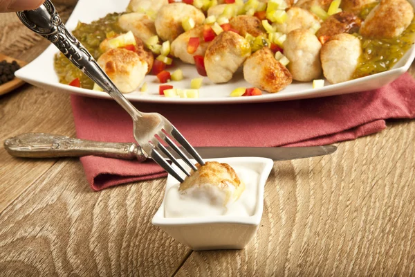 Chicken Meatball On wooden table with relish, mustard and mayonnaise — Stock Photo, Image