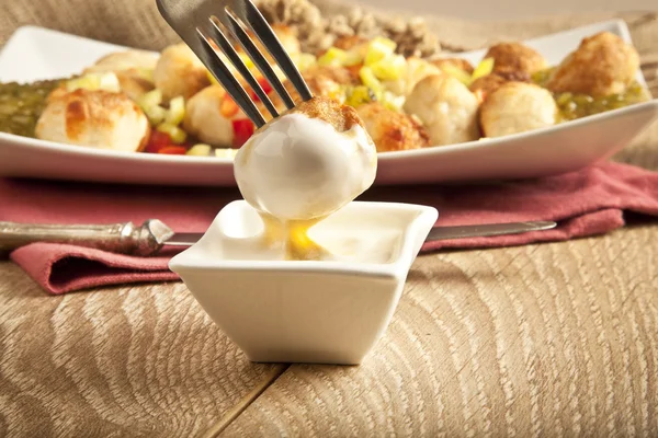 Chicken Meatball On wooden table with relish, mustard and mayonnaise — Stock Fotó