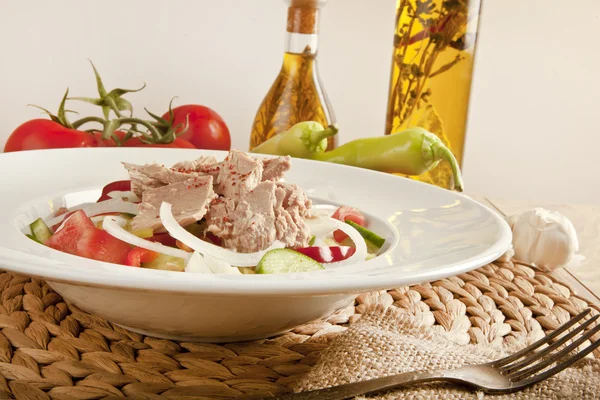 Salade de thon à la laitue, concombre et tomates . — Photo