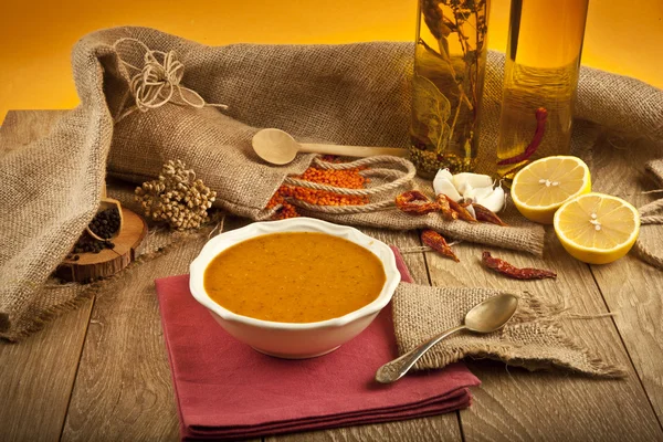 Lentil soup with wooden concept background — Stock Photo, Image