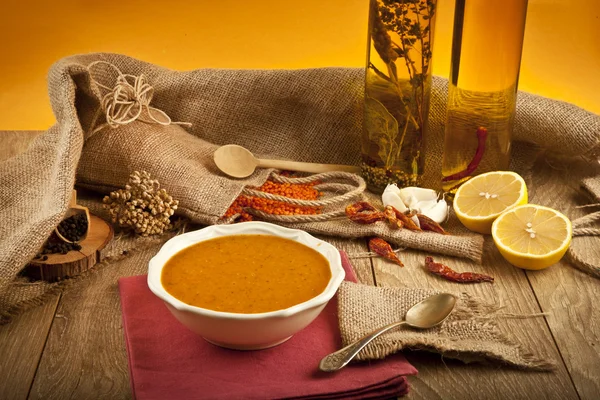 Lentil soup with wooden concept background — Stock Photo, Image