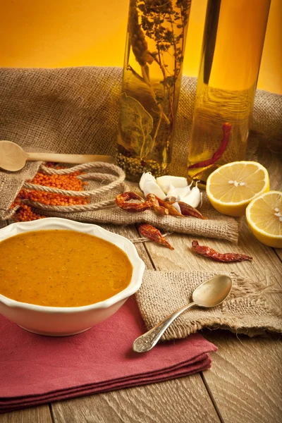 Lentil soup with wooden concept background — Stock Photo, Image