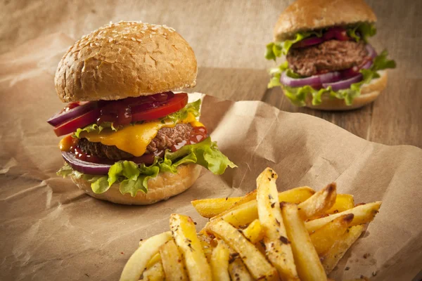 Fresh hamburgers with fries — Stock Photo, Image