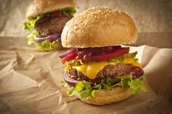 Verse hamburgers met frietjes — Stockfoto