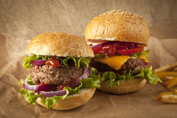 Hamburguesas frescas con papas fritas — Foto de Stock