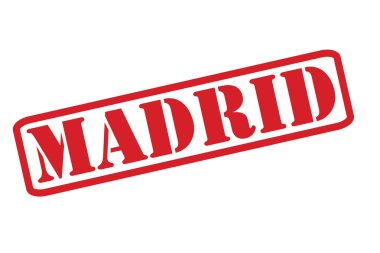 Beyaz bir arka plan üzerinde Madrid kırmızı lastik damga metni vektör.