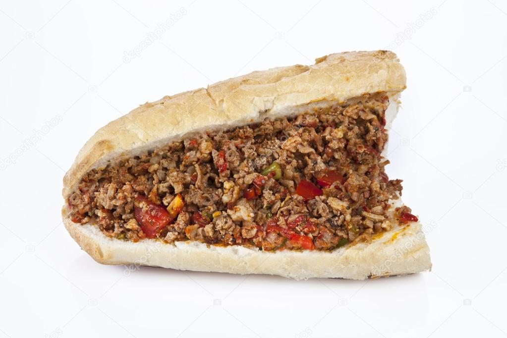 Turkish Kokorec - lamb intestine food sandwich with white background