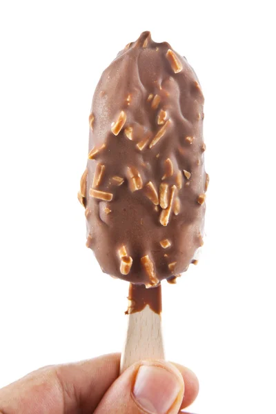 Ice cream covered with chocolate and almonds. — Stock Photo, Image