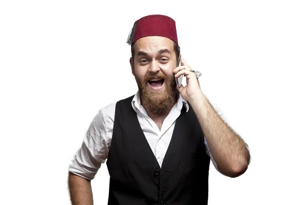 Man in traditional turkish hat and dress kabadayi talking phone — Stock Photo, Image