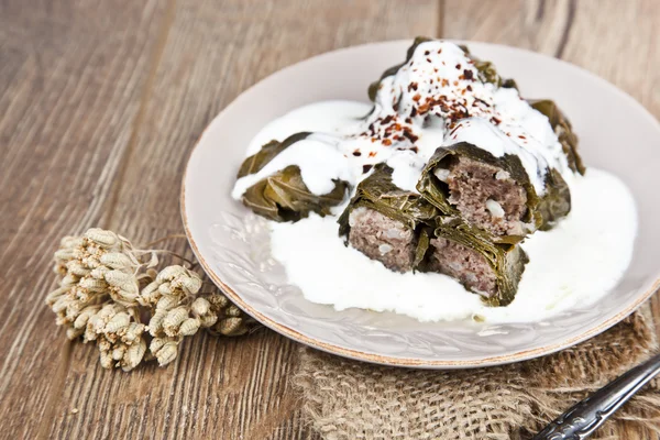 Turkish cuisine yaprak sarma with yogurt — Stock Photo, Image