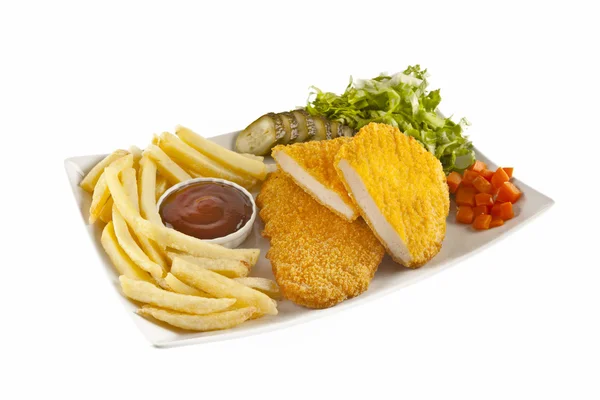 Schnitzel frito Pollo y chuleta de cerdo Papas fritas y verduras —  Fotos de Stock