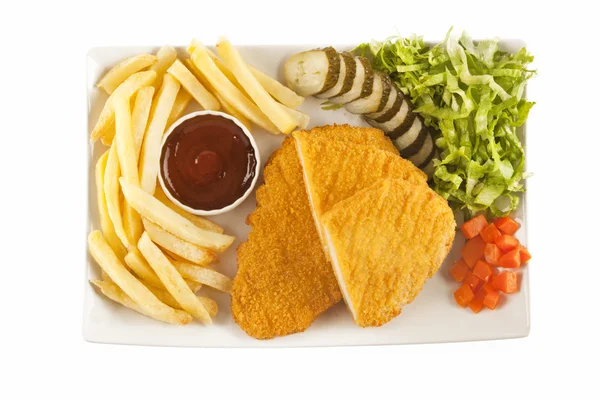 Schnitzel frito Pollo y chuleta de cerdo Papas fritas y verduras — Foto de Stock