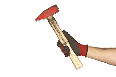 Çalışma elinde bir çekiç beyaz arka plan üzerinde tutarak eldiven