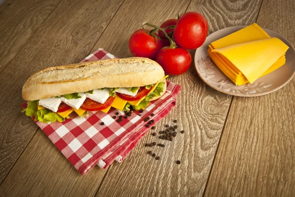 Different kind of cheese sandwich and tomatoes with concept background — Stock Photo, Image