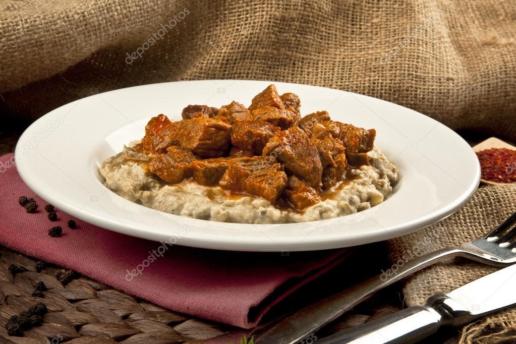 Turkish Food Eggplant and Meat: Hunkar Begendi. Lamb Stew Served