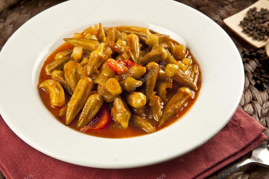 Turkish traditional ramadan food Okra dish with concept background