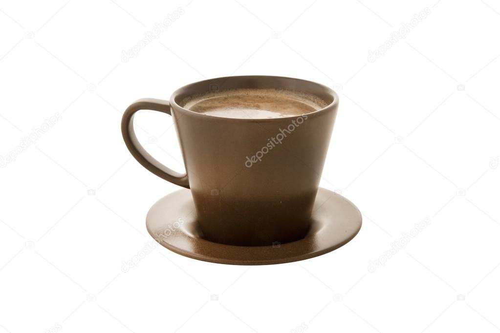 Coffee on brown mug isolated white background