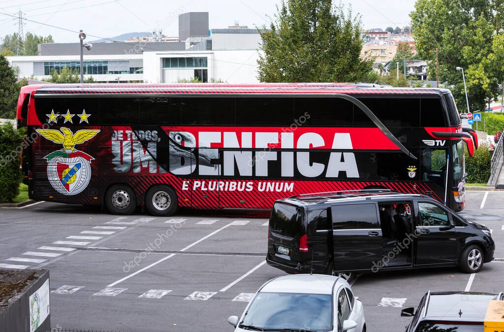 Braga, Portugal - 06 August 2021: SL Benfica bus parked outside Melia hotel