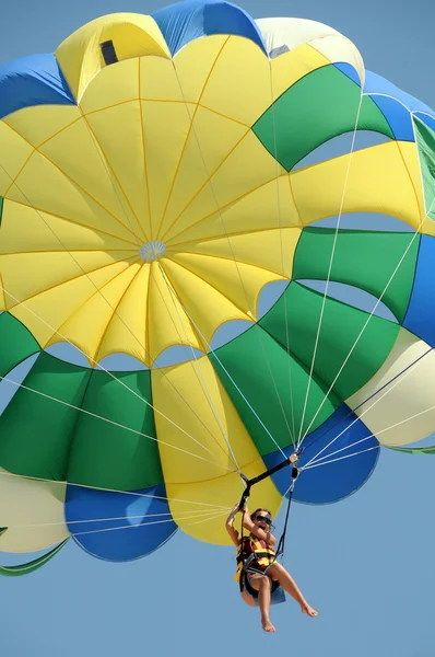 Parachute sky sport summer weather girl flight slings dome wind drive height delight air — Stock Photo, Image