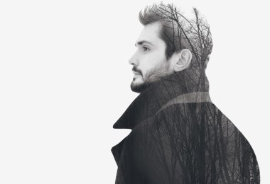 Çift pozlama moda zarif profil kalemler içinde özgür adam sakallı