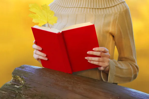 Mãos femininas segurando livro vermelho com clos de folhas de bordo amarelo de outono — Fotografia de Stock